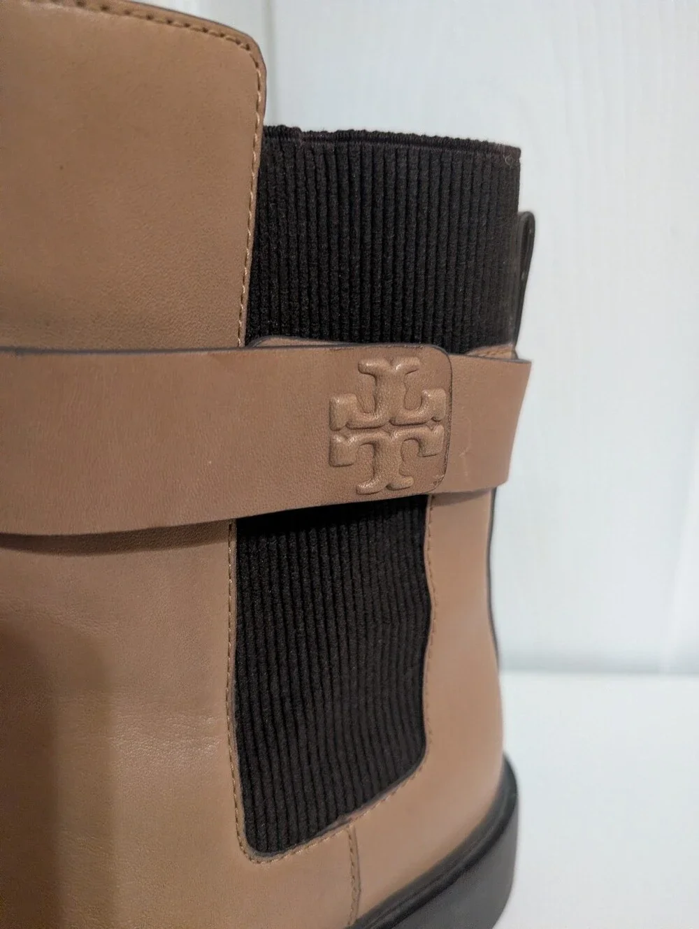 Tory Burch Womens Boots Double T Chelsea Brown Beige Ankle Leather Shoes Size 10